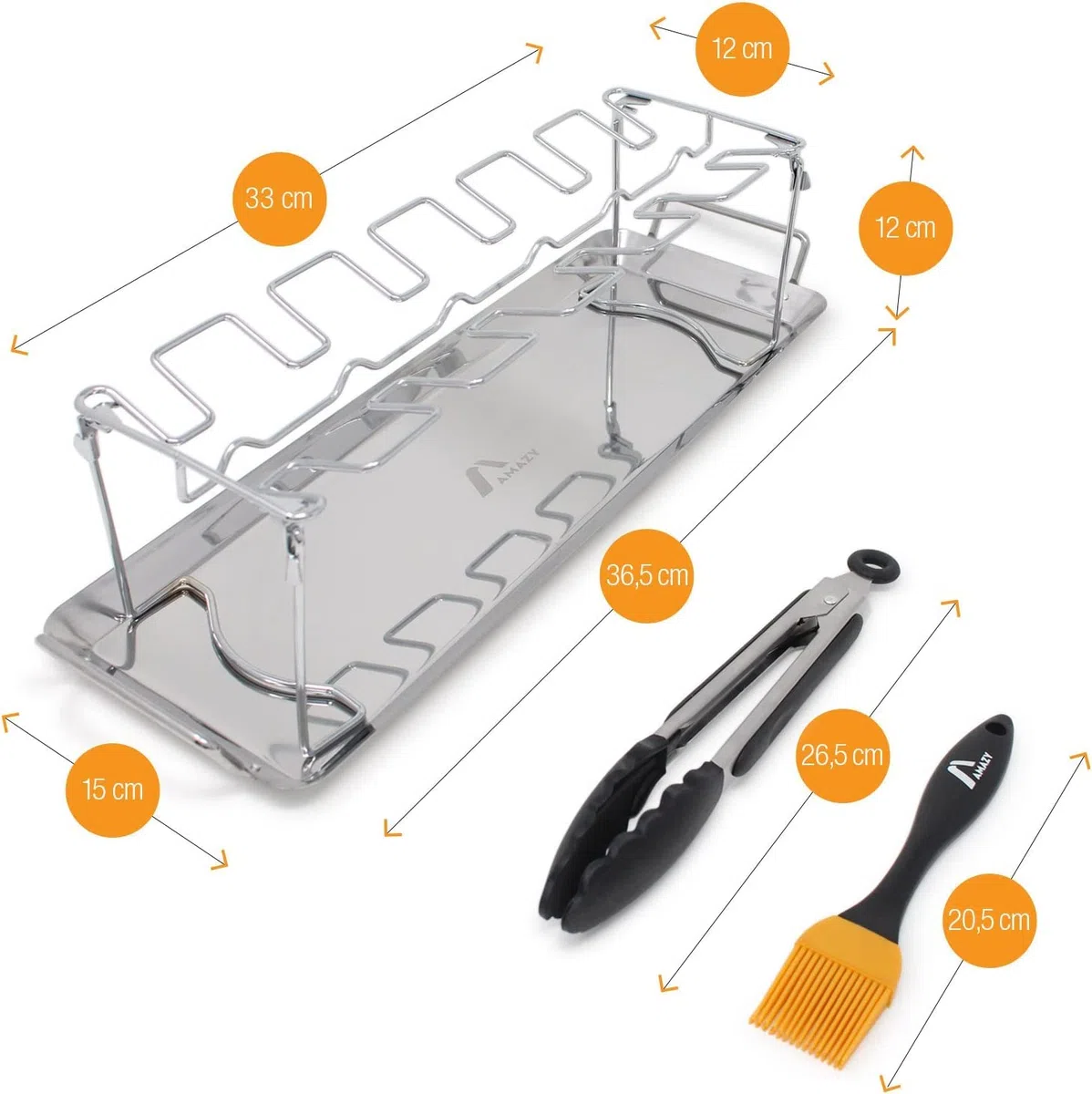 Amazy Soporte para muslos de pollo Incl. Bandeja + Pincel + Pinzas | Soporte para pollo de acero inoxidable – Para muslos y alitas de pollo uniformemente cocinados en barbacoa o horno