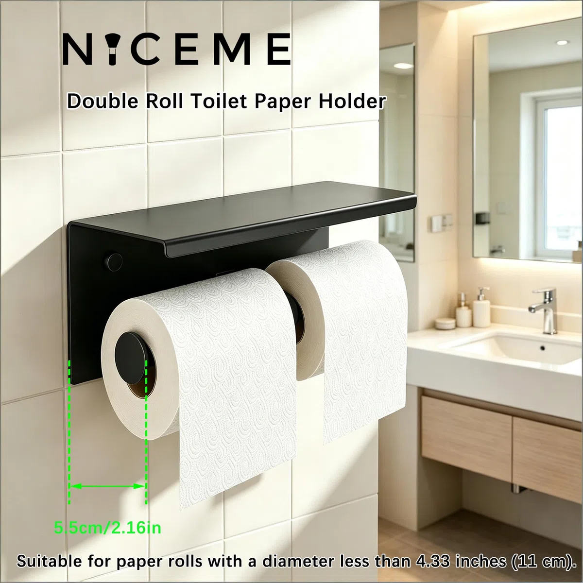 NICEME Portarrollos de Papel Higiénico de Doble Rollo, Portarrollos de Acero Inoxidable, Portarrollos de Papel Higiénico Comercial de Pared con Estante, Adecuado para Baños