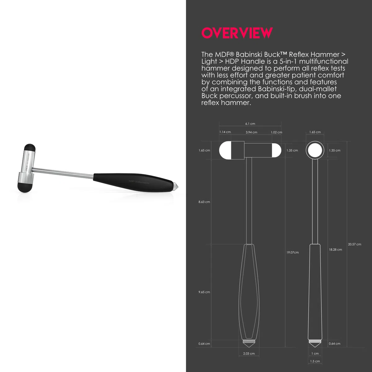 MDF Instruments Babinski Buck - Ligero - Mango HDP Martillo de reflejos neurológico con pincel integrado para respuestas cutáneas y superficiales - Negro (MDF515PBT-11)