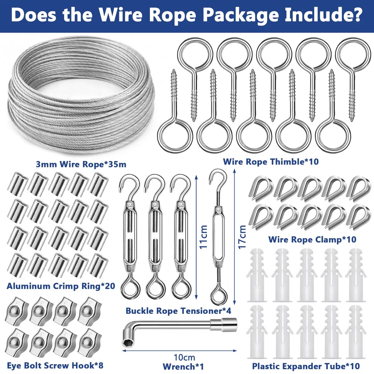 35M/3mm Cable de Acero Inoxidable, Cable Acero 304, Kit de Cables de Acero Inoxidable para Colgar, Cuerdas de Acero, Kit de Cuerda de Acero para Cuerda Tendedero Exterior
