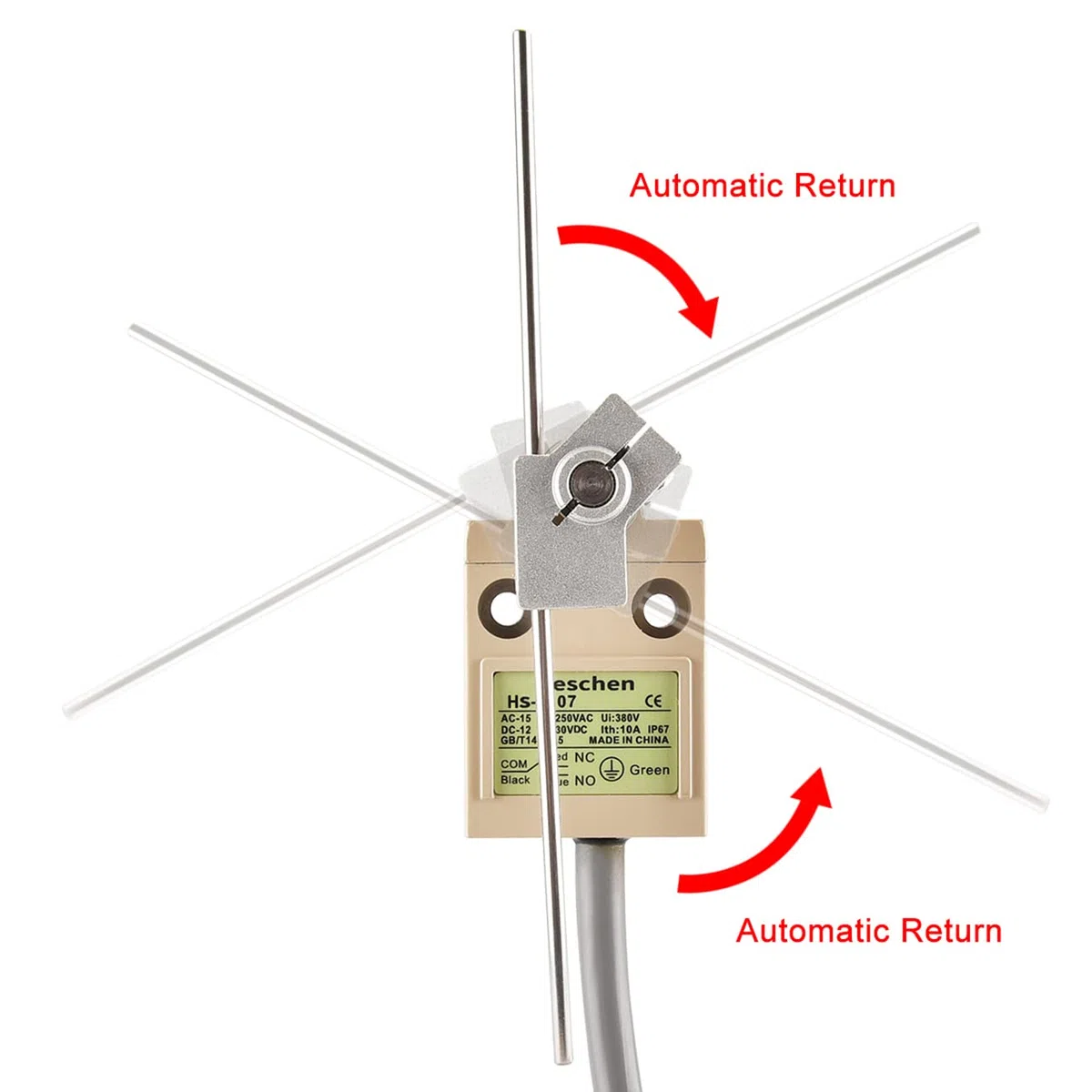 Heschen Interruptor de límite compacto precableado, HS-3107, palanca de varilla ajustable, 1NO 1NC, SPDT, tipo momentáneo, AC250V 5A, IP67 impermeable