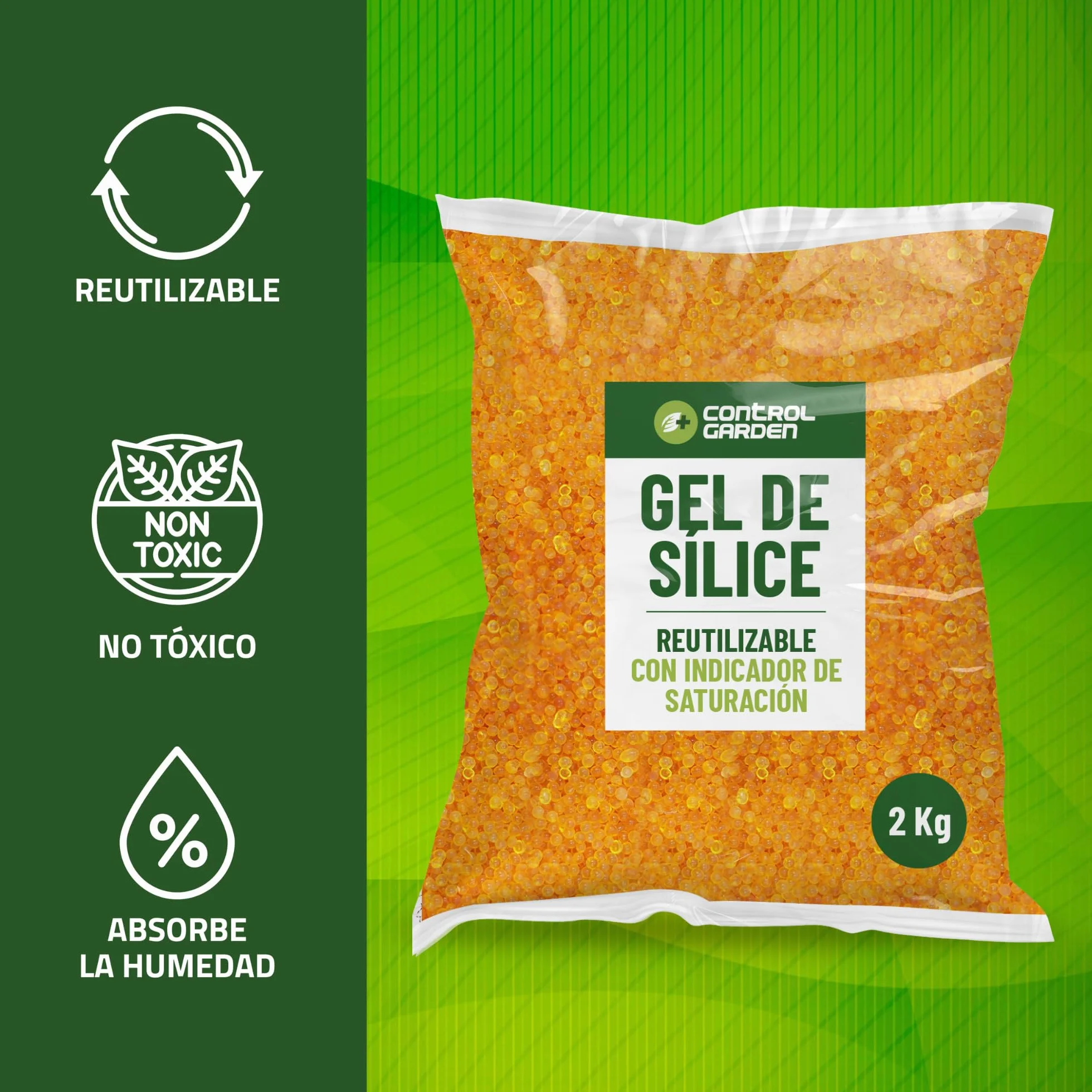 CONTROL GARDEN Gel de Sílice Naranja 2 KG | Absorbedor de Humedad Reutilizable No Tóxico | Bolitas Desecantes Antihumedad Indicador de Saturación | Deshumidificador Natural
