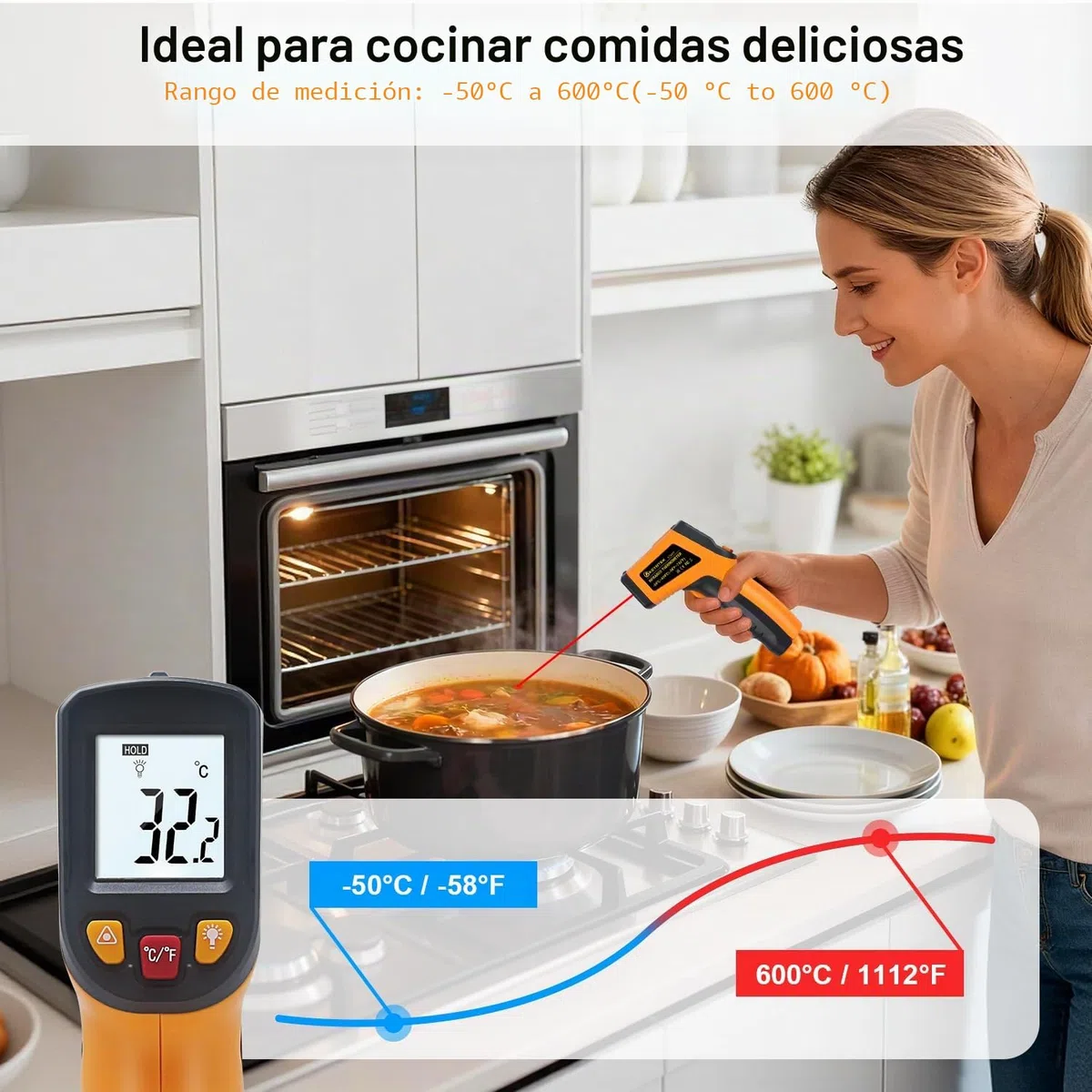 KETOTEK Termómetro Infrarrojo Pistola Temperatura Láser Sin Contacto -50℃~600℃ (-58~1112℉) Digital Termómetro IR para Cocina