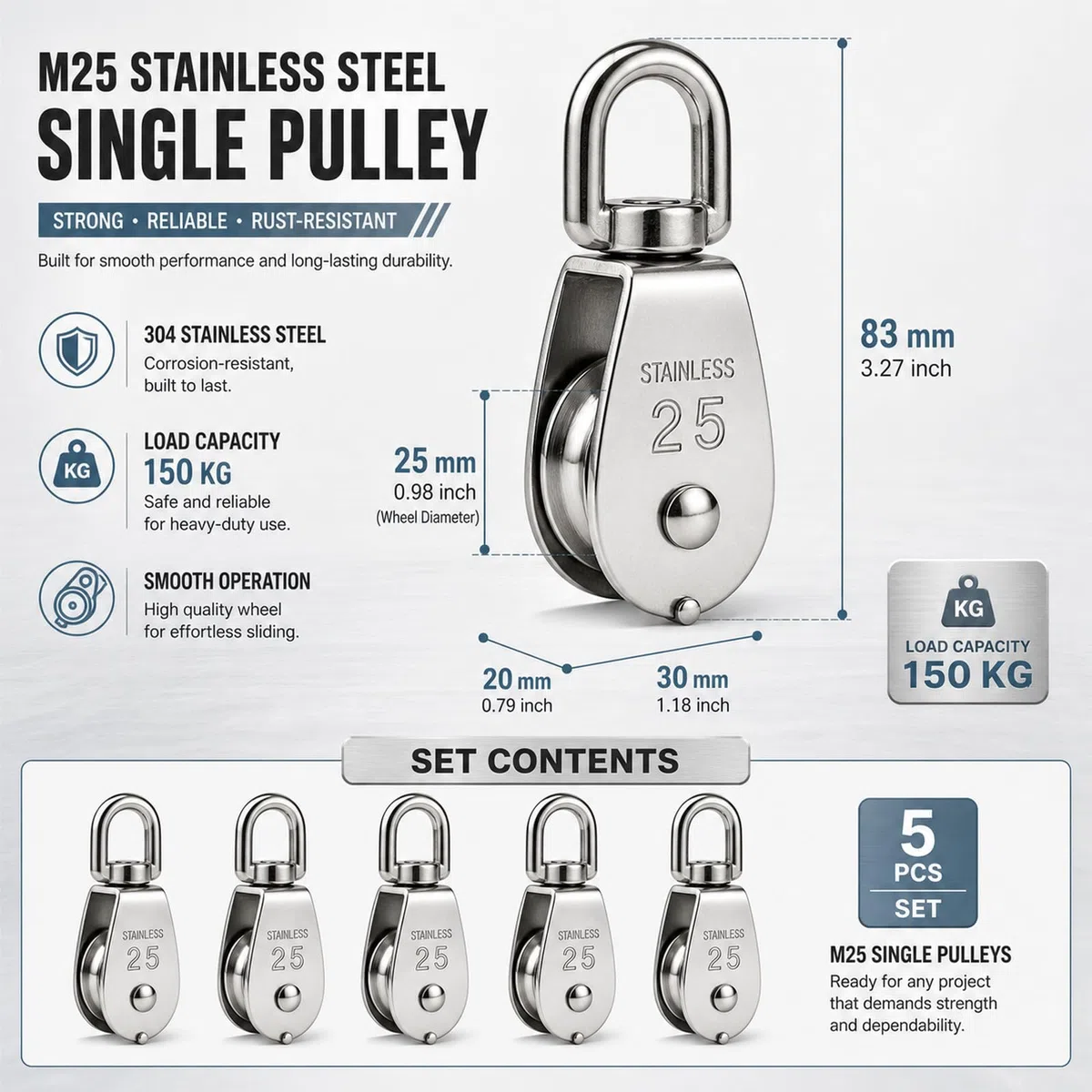 Starvast - Polea simple M25 de acero inoxidable 304 – M25 – Polea de elevación – Capacidad de la polea 150 kg – Plata