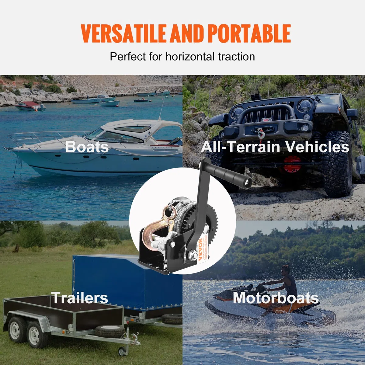 VEVOR Cabrestante Manual Capacidad de Tracción Cabrestante para Remolque de Barco 800 libras Manivela Resistente con Cable de Acero de 10 m con Trinquete Bidireccional para Remolque, Barco, ATV