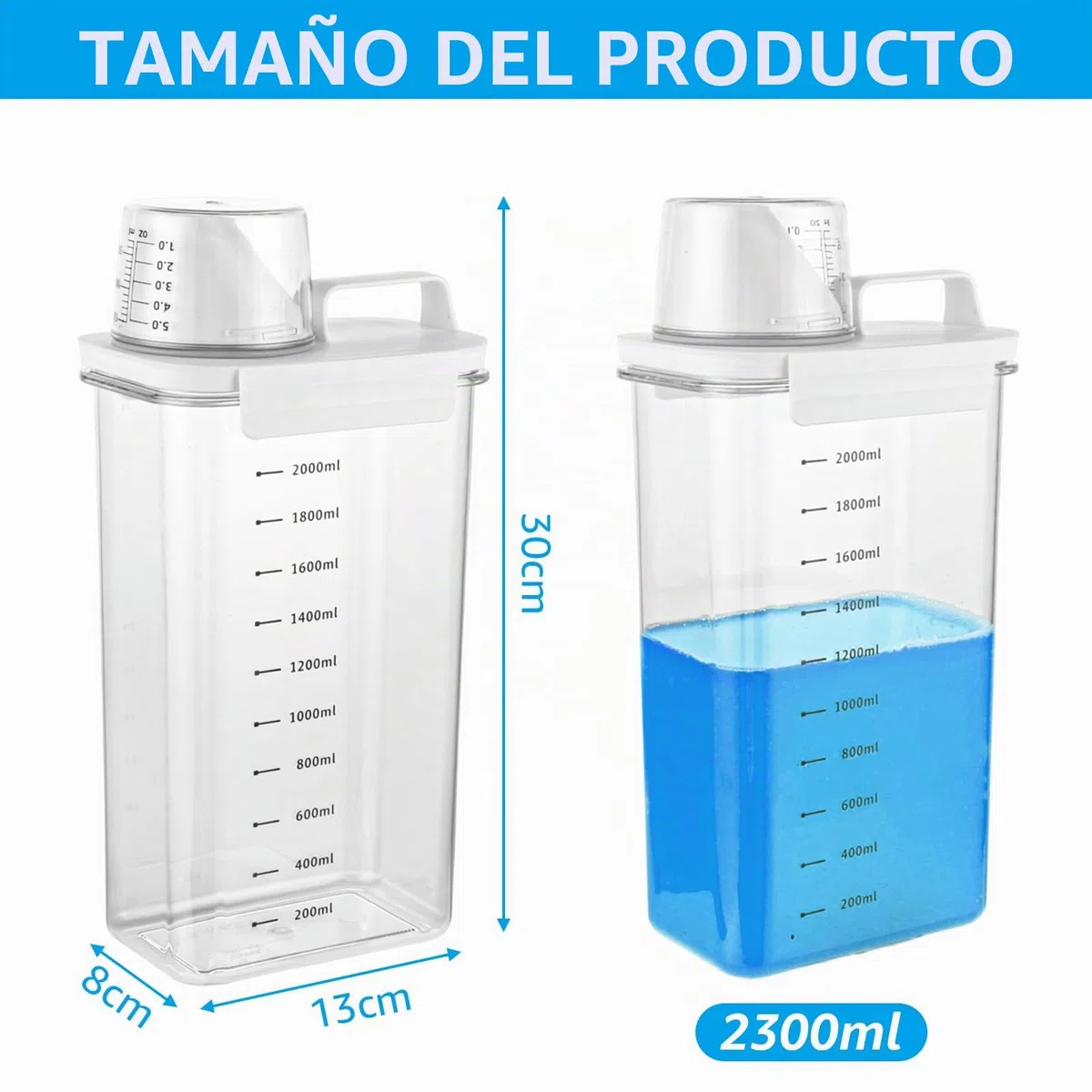 Pack de 2 Detergente Lavadora Liquido, Detergente Lavadora Polvo, Dosificador 2300 ml con Vaso Medidor, Dispensador Transparente para Lavanderia