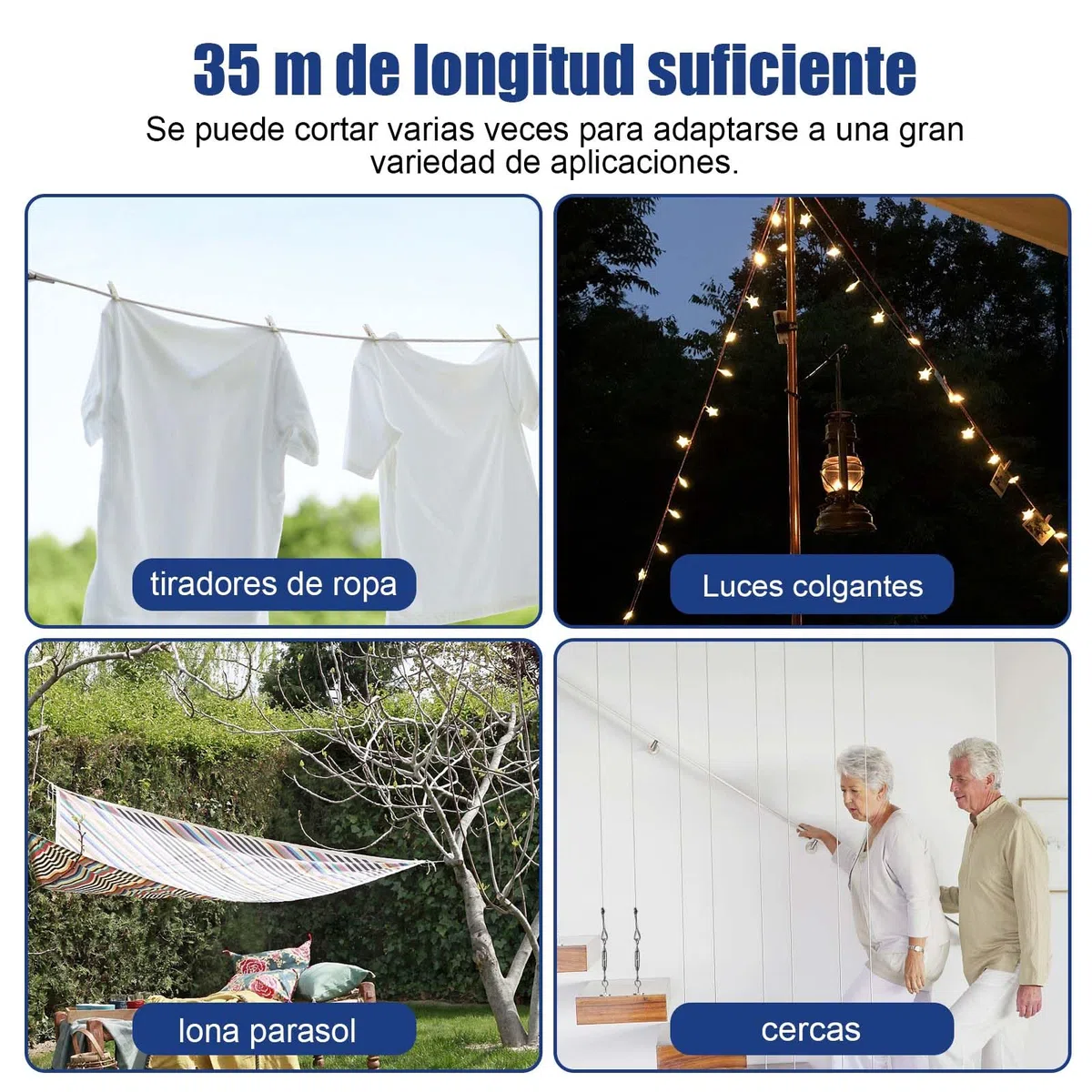 Angooni Juego de 65 Cuerdas de Acero Inoxidable 304 - 35 m, Tensor, Revestida Con Ojales - Para Tendedero, Luces Colgantes