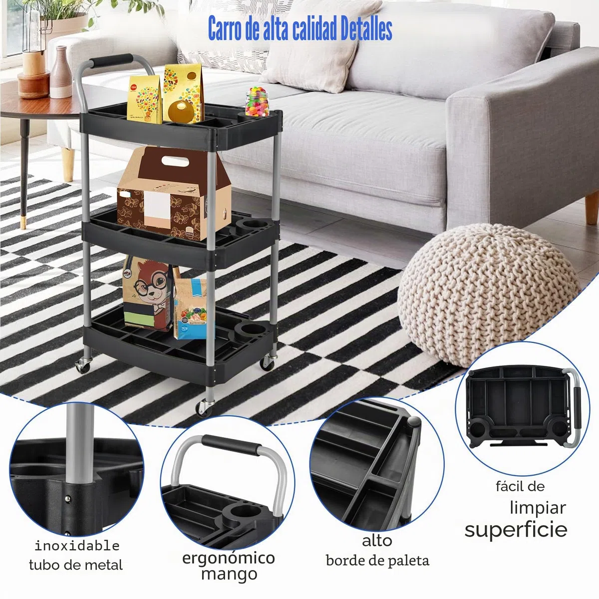 GYMAX Carro de Herramientas de 3 Niveles, Móvil con Asa, Ranura de Almacenamiento, Ruedas Universales, Organizador Resistente para Garaje, Barbería, Salón de Belleza, Taller
