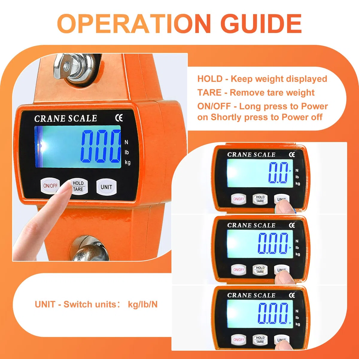 EFUTURETIME Báscula Digital Colgante 300kg, Báscula de Grúa Electrónica Industrial de Industrial con Sensor Preciso y LCD Portátil para Caza, Pesca, Granjas, Fábricas y Muelles, Naranja