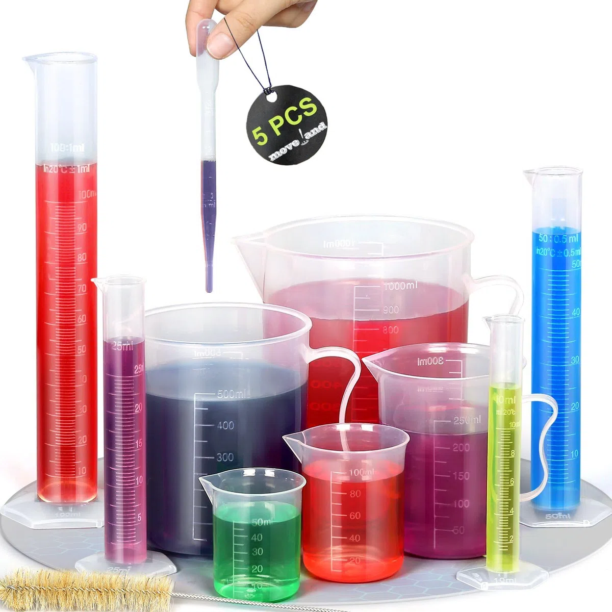 moveland Juego de cilindros graduados de plástico y vasos de plástico mejorado, cilindro graduado de 10 ml, 25 ml, 50 ml, 100 ml, vasos de 50 ml, 100 ml, 250 ml, 500 ml, 1000 ml, 5 pipetas, ideal para