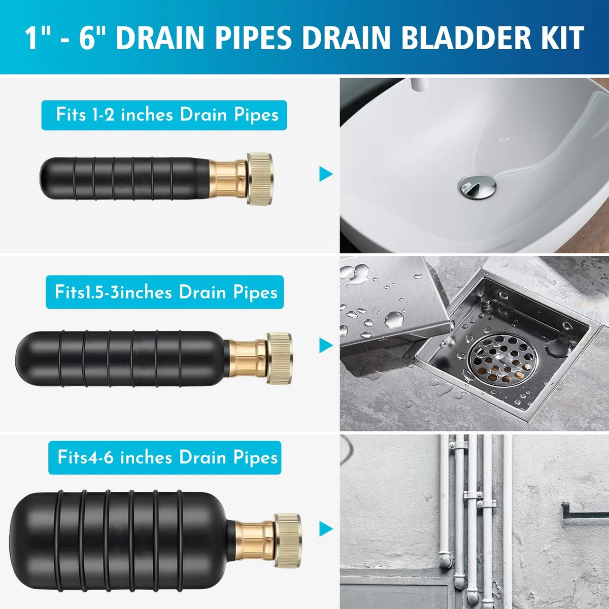 Vejiga de Drenaje, Kit de 3 Piezas para Limpieza de Drenajes, Desatascador de Vejiga para Tuberías Principales 25 a 152 mm y Desatasco Alcantarillado