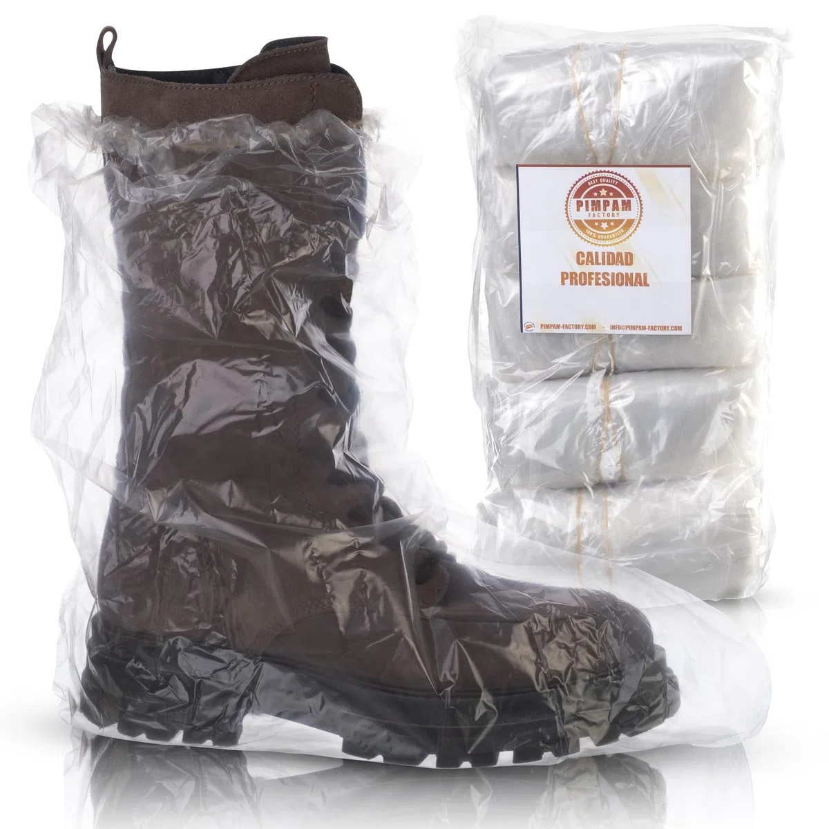PimPam Factory - Cubre Botas Plástico Transparente para Hombres y Mujeres - Cubrebotas Desechables de Fácil Colocación - Cubre Botas Impermeable Ajustables y Resistentes - Certificado ISO - Pack 50