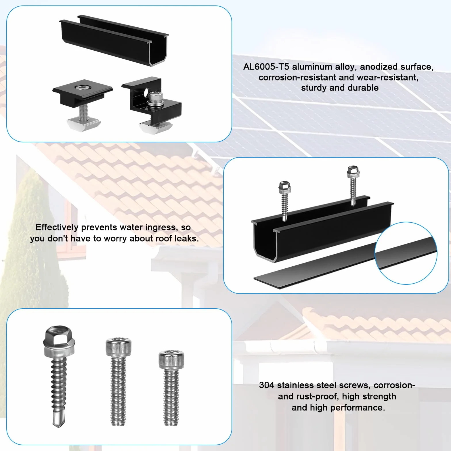 Soporte para módulo solar para 2 módulos, rieles de perfil de aluminio de 12 cm + abrazadera ajustable para módulos de 30-35 mm de grosor, kit de montaje de panel solar para techo plano de chapa