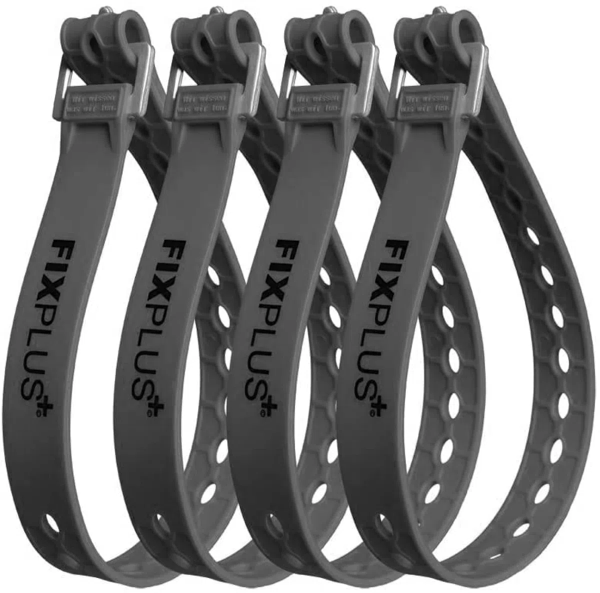 Fixplus Strap pack de 4 - Correa de amarre para asegurar, fijar, atar y amarrar, de plástico especial con hebilla de aluminio, 46 cm x 2,4 cm (gris oscuro)