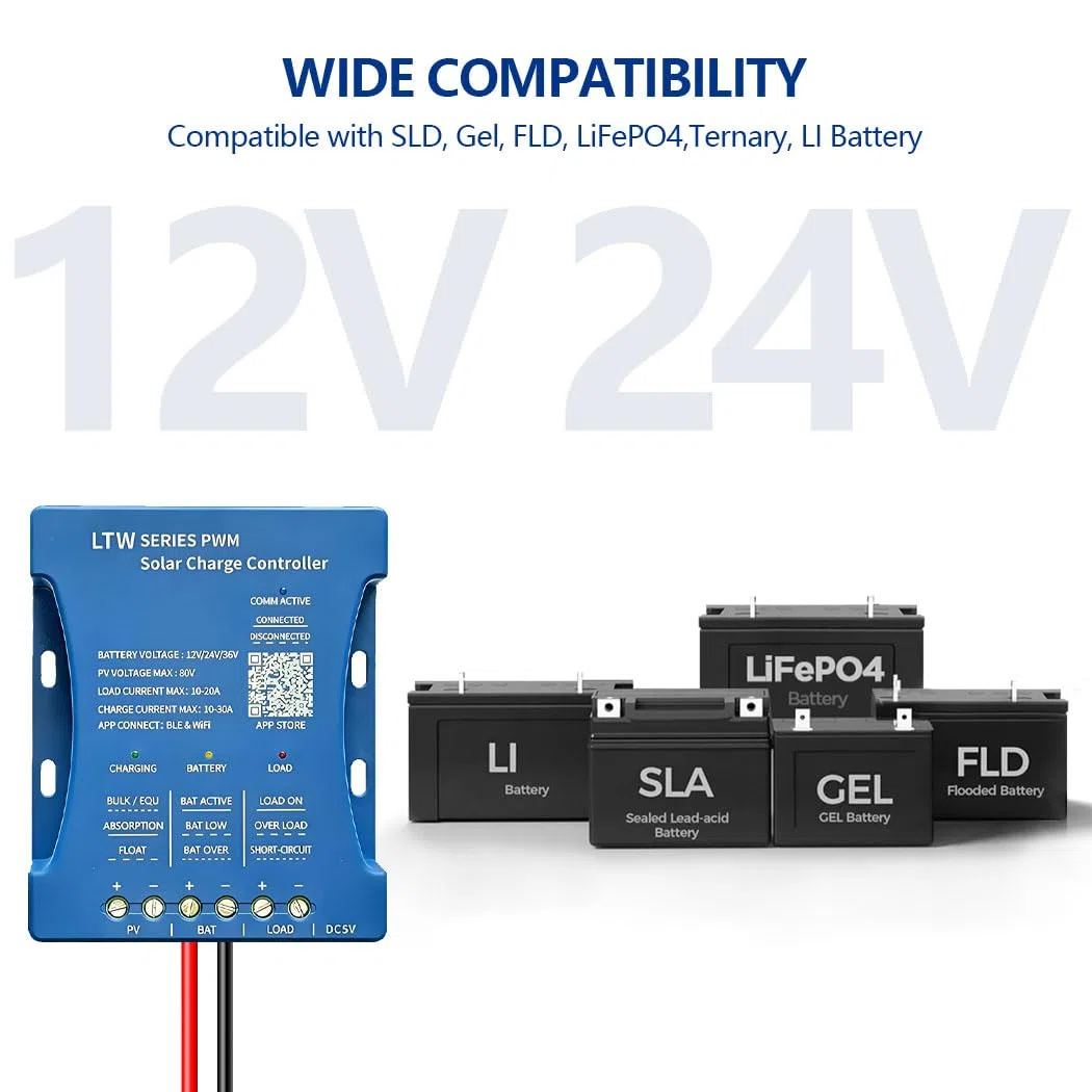 Y&H 30A Regulador de carga Solar Controlador de Carga solar Bluetooth regulador de carga solar 12V 24V panel solar controlador de carga solar inteligente PWM PV:50V para plomo ácido