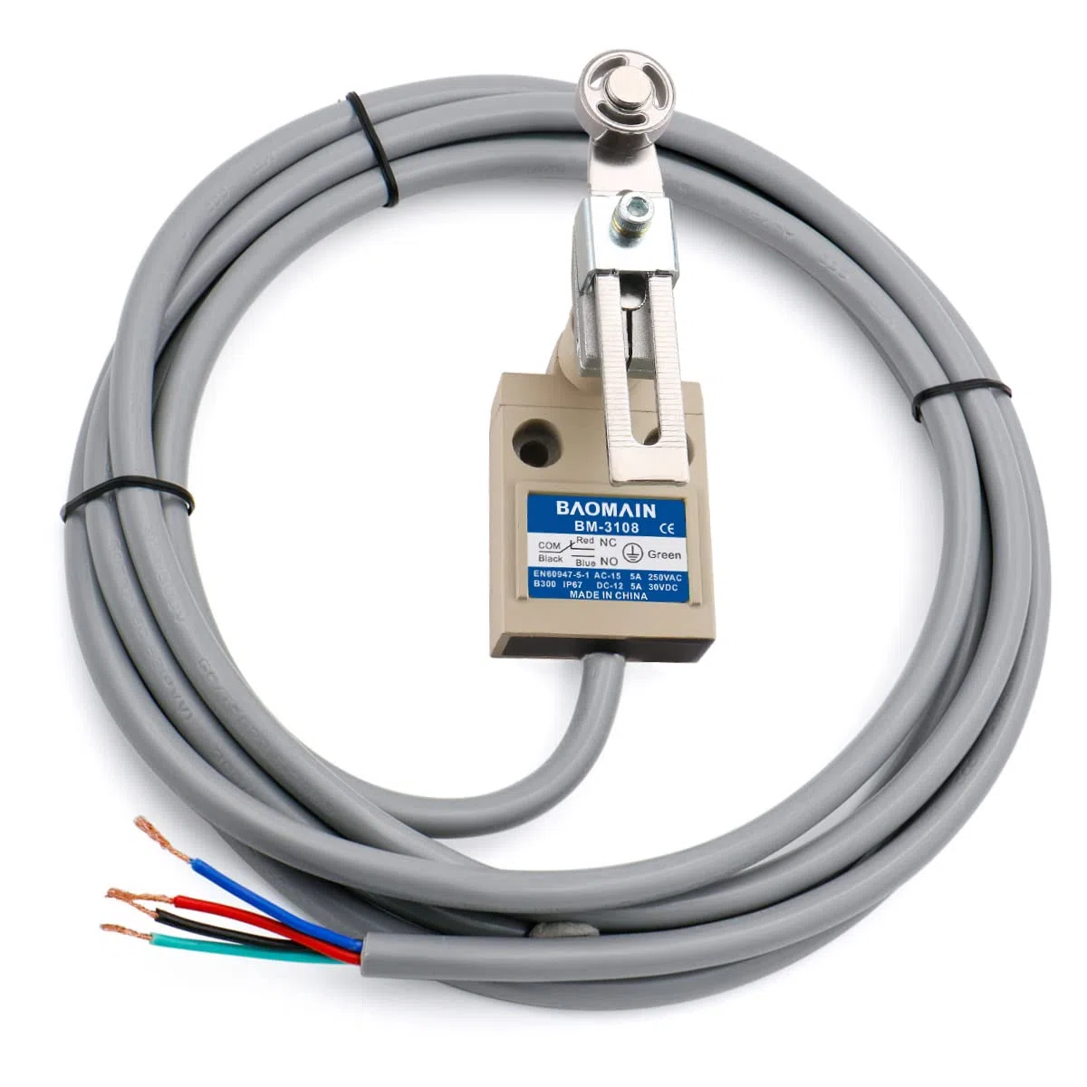 Baomain BM-3108 Interruptor de límite, émbolo de rodillo ajustable, contacto momentáneo NA+NC, resistencia al agua IP67, TZ-3108