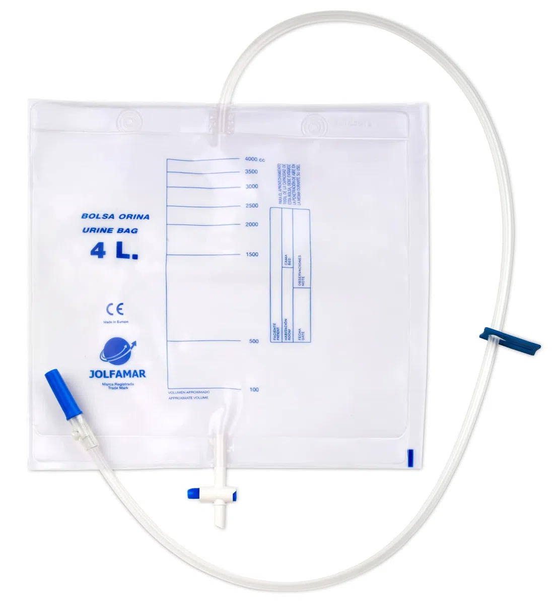 Bolsa de orina AARON de 4 litros / 4000 ml Con tubo díametro exterior 9,8 mm, estrangulador y toma de muestra. Presentación en paquetes/polybags de 5 unidades.