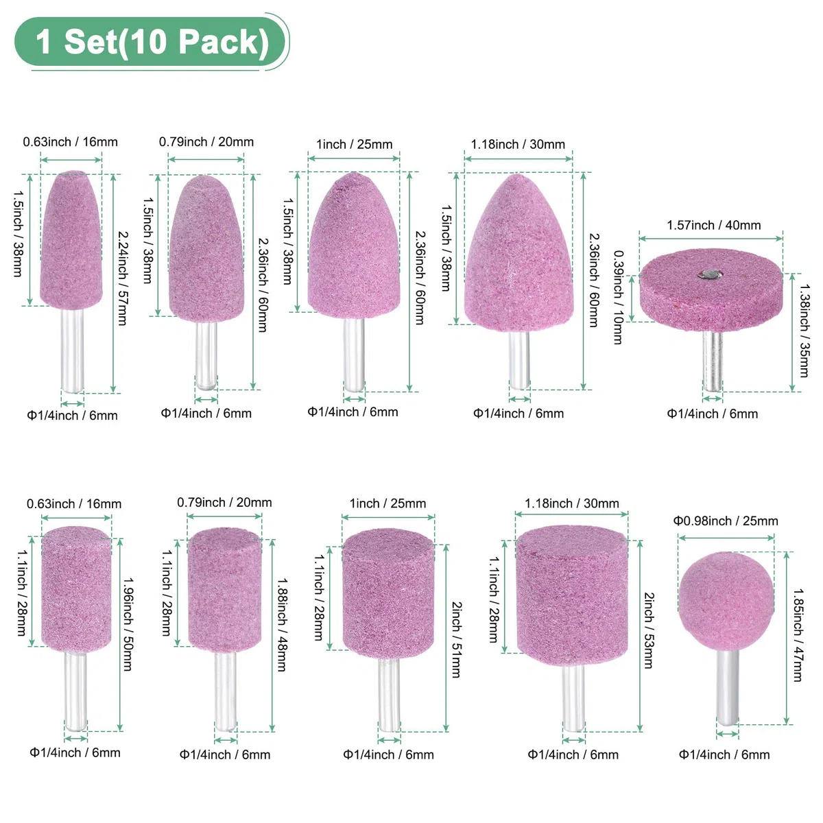 M METERXITY 10-Pack Piedras De Esmeril Abrasivas Montadas, Brocas De Pulido Y Lijado De Óxido De Aluminio Con Vástago De 6mm, Juego De Puntas De 16mm De Diámetro Y 80 Granos [Rosa]