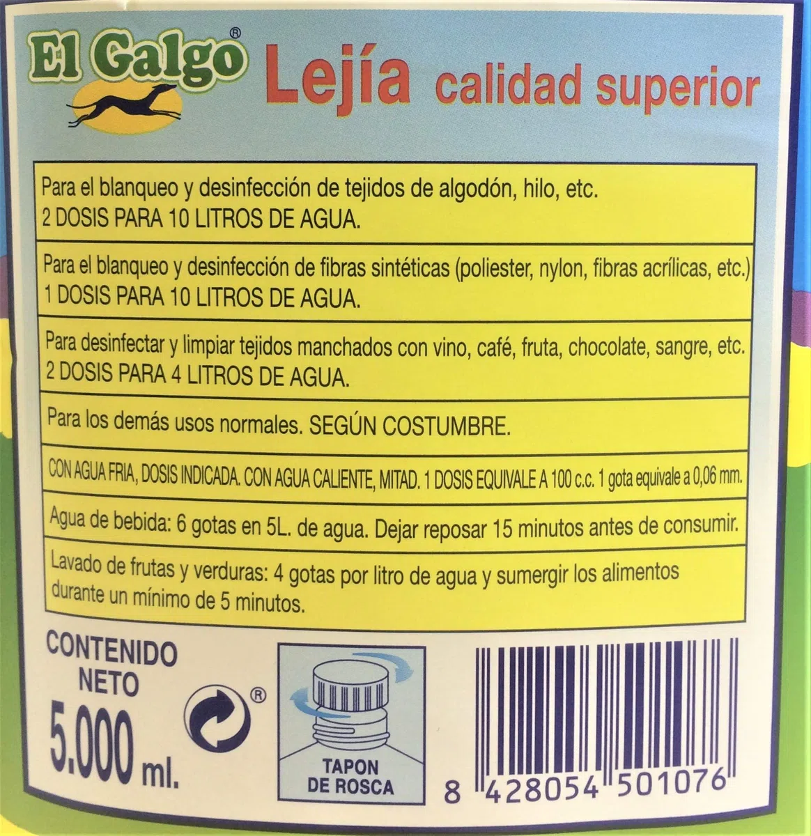 Lejía Superior, Hipoclorito de Sodio, Lote de 3 Botellas de 5 Litros con una Solución de 40 gr. de Cloro Activo por Litro