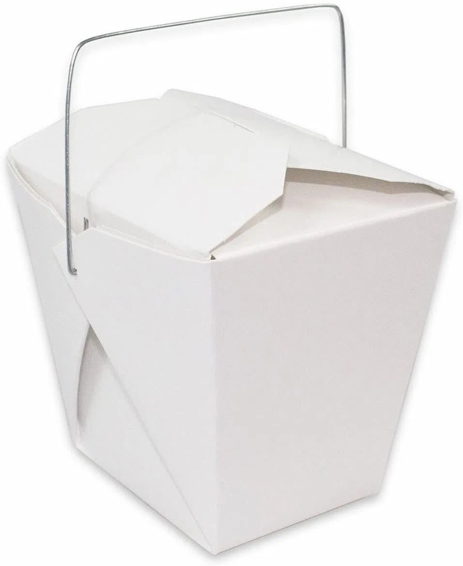 Caja de papel blanco asiático chino con mango de alambre, resistente a fugas y grasa apilable para ir cajas (25, 16 onzas)