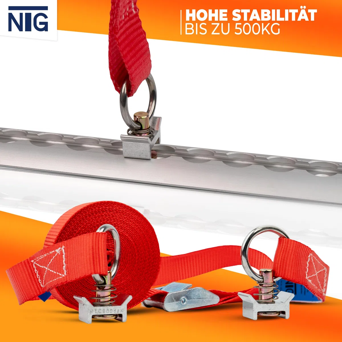 NTG 4 correas tensoras para carril de aerolíneas de 5 m de largo con cierre de sujeción y 2 piezas de aluminio Fitting | 25 mm de ancho | 300 kg | fabricado según DIN