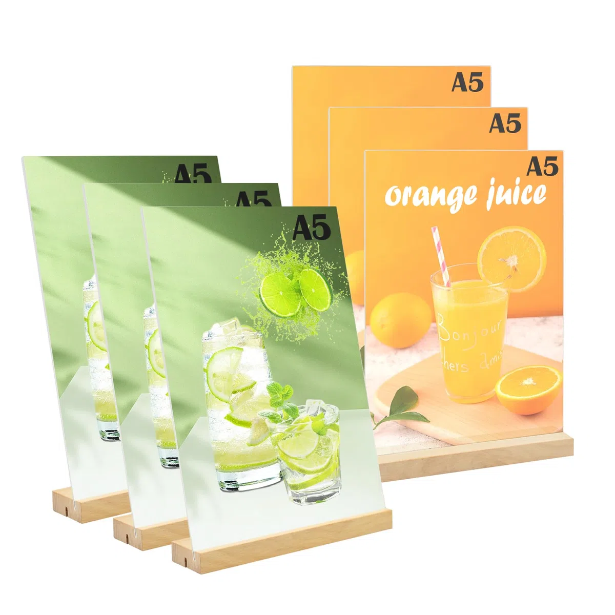 Soporte de exhibición A5 de 6 piezas con base de madera, reutilizable, A5, soporte para letreros de acrílico, para bodas, restaurantes, carteles, 22 x 15 cm