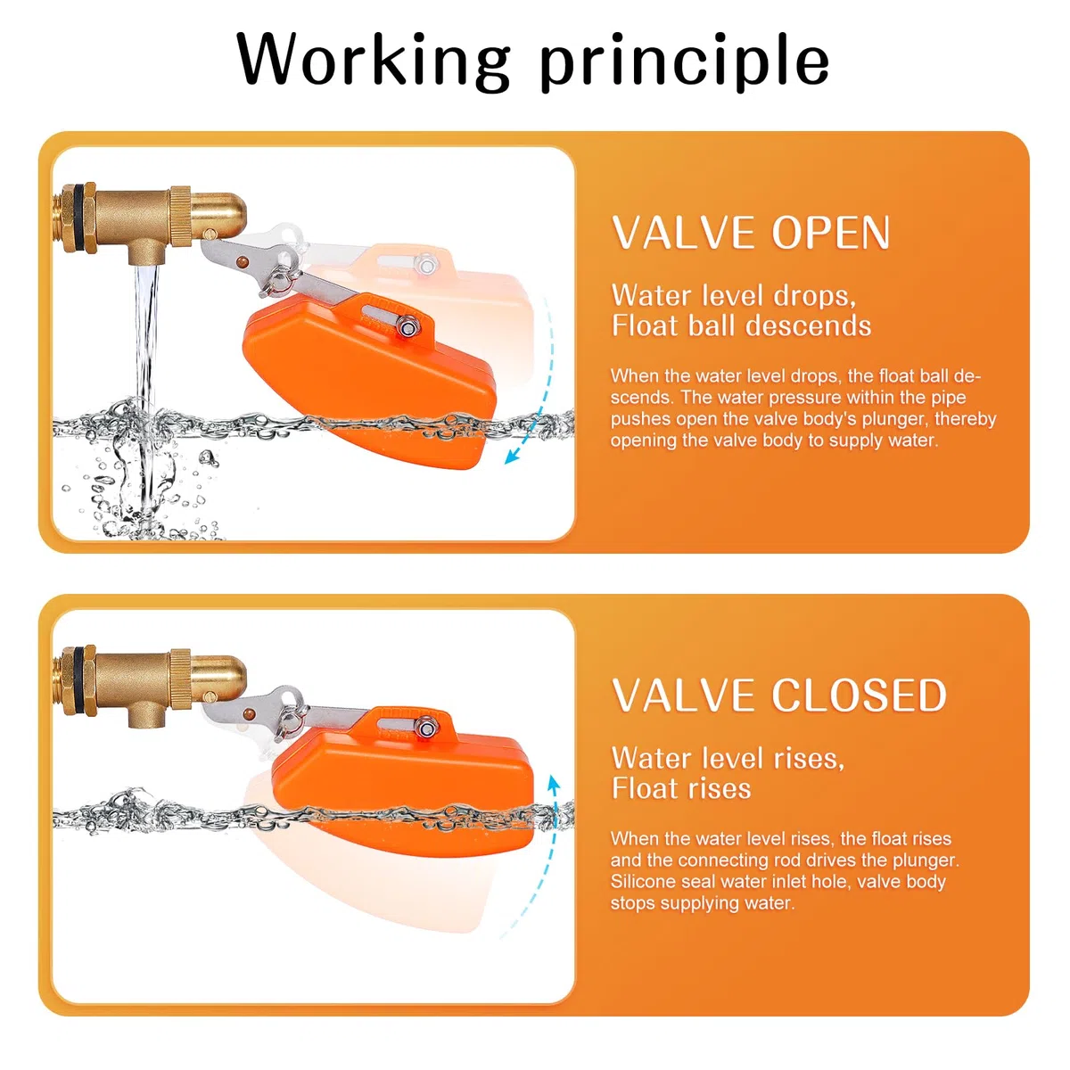 Válvula de flotador de latón de 1/2 pulgadas, válvula de flotador automática para tanque de agua, piscina, bebedero, flotador naranja de plástico, interruptor de flotador (1/2 pulgadas)