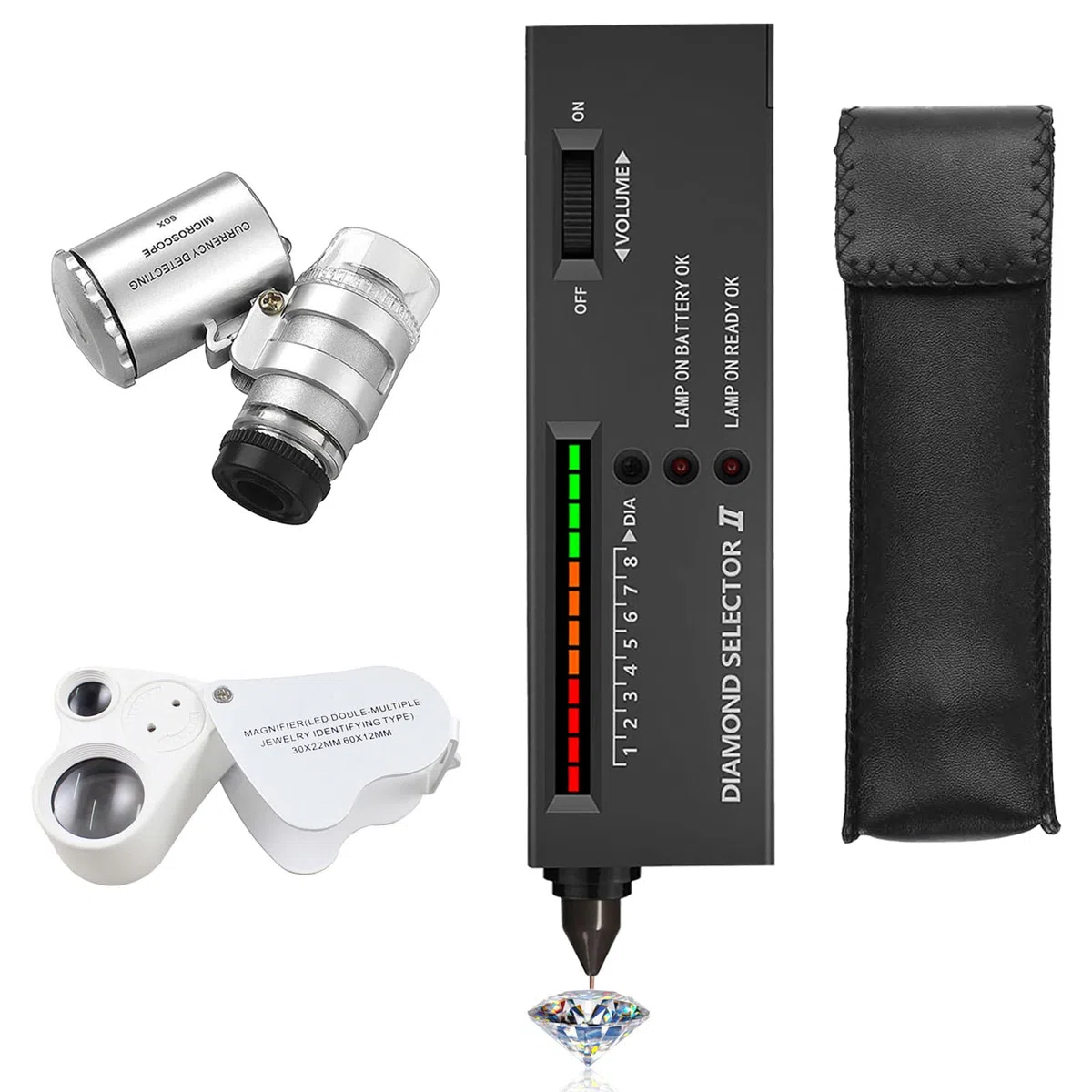 Pluma profesional probador de diamante, lápiz de prueba de diamante electrónico de alta precisión con 2 piezas 30X 60X lupa gafas mini LED plegable lupa