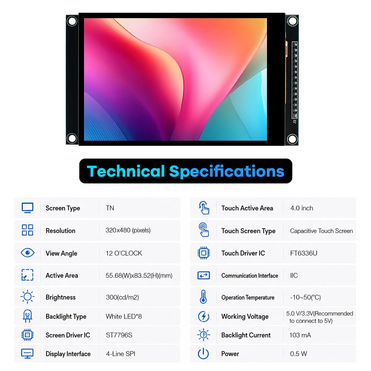 Hosyond Módulo de pantalla táctil capacitiva SPI serie LCD ST7796S para Arduino R3/Mega2560/ESP32, 4,0 pulgadas, 320 x 480 TN