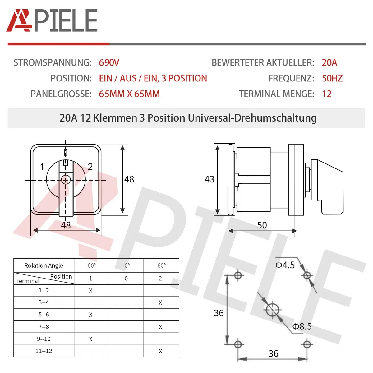APIELE Interruptor de conmutación universal de 20 A, 3 posiciones, 12 bornes, interruptor giratorio de 690 V, selector de leva giratorio universal