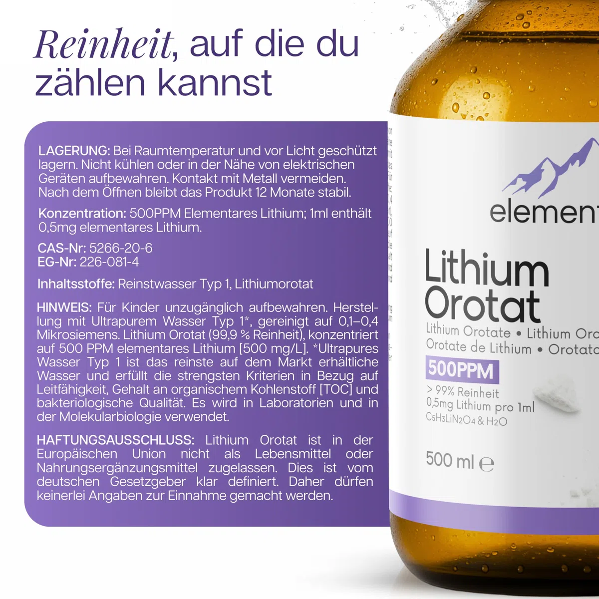 Lithium Orotate >99% 500 PPM 500 ml | ml contiene 0.5 mg de litio elemental = 500 PPM | incl. vaso dosificador de 30 ml, jeringa dosificadora de 5 ml, pipeta de 3 ml & folleto informativo