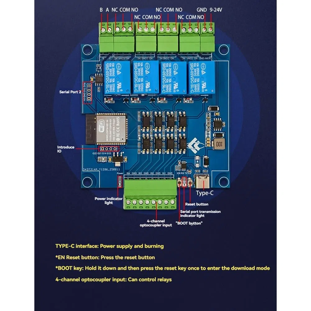 Módulo de Relé ESP32 Modbus de 4 Canales, 9-24 V, Tipo C, con RS485, Wifi, Bluetooth y Compatible con Modbus.