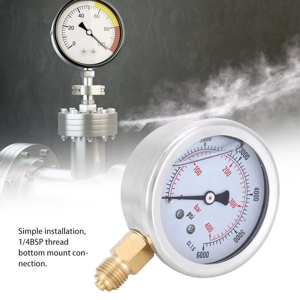 Manómetro de Presión 400 bar 6000 psi 1/4 BSP Radial Acero Inoxidable Latón Esfera Transparente para Sistemas Hidráulicos y Neumáticos