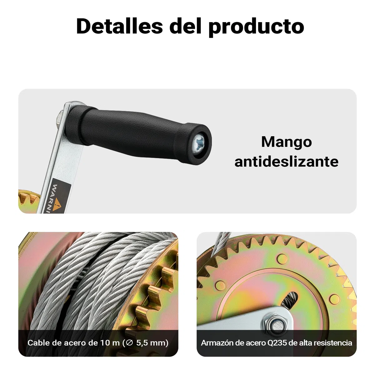 Cabrestante manual hasta 1100kg 8m 4:1 8:1 Polipasto manual Torno cable forestal Fuerza de tracción