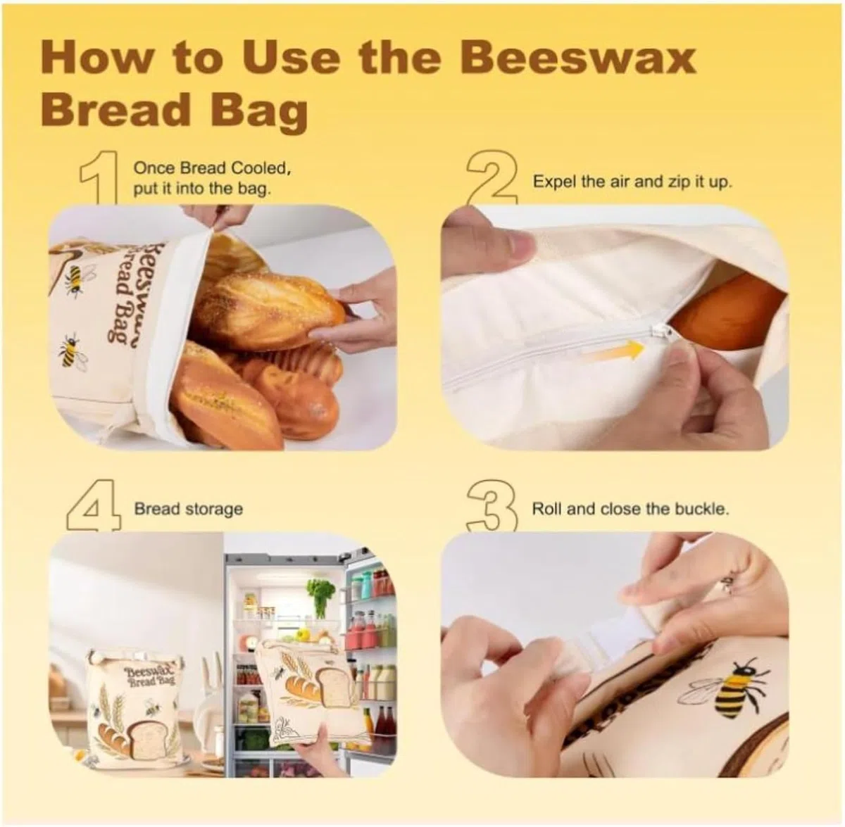 2 bolsas de pan de cera de abeja para pan casero, bolsas reutilizables de cera de abeja para masa madre, bolsa de algodón encerado con cremallera sellada, mantiene fresca durante más tiempo, bolsa de