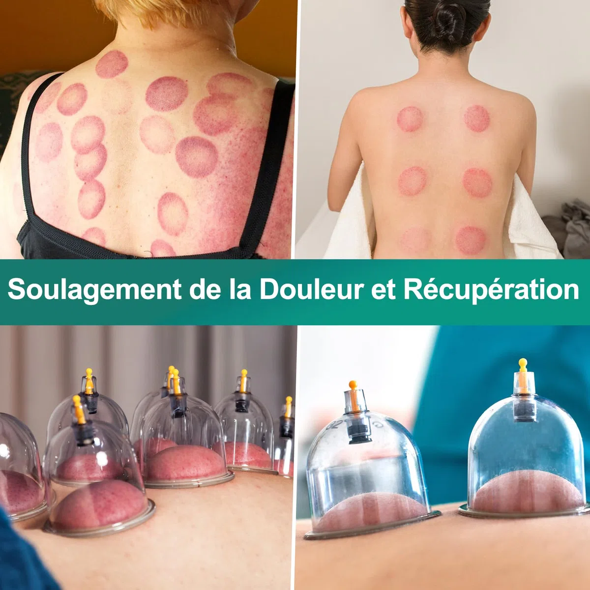 Kit de 16 tazas de succión de hijama, ventosa de masaje- talla V2.0 Insturctions en francés - Ventosas terapéuticas chinas de Cupping Kit de pistola de masaje acupuntura 16 tazas