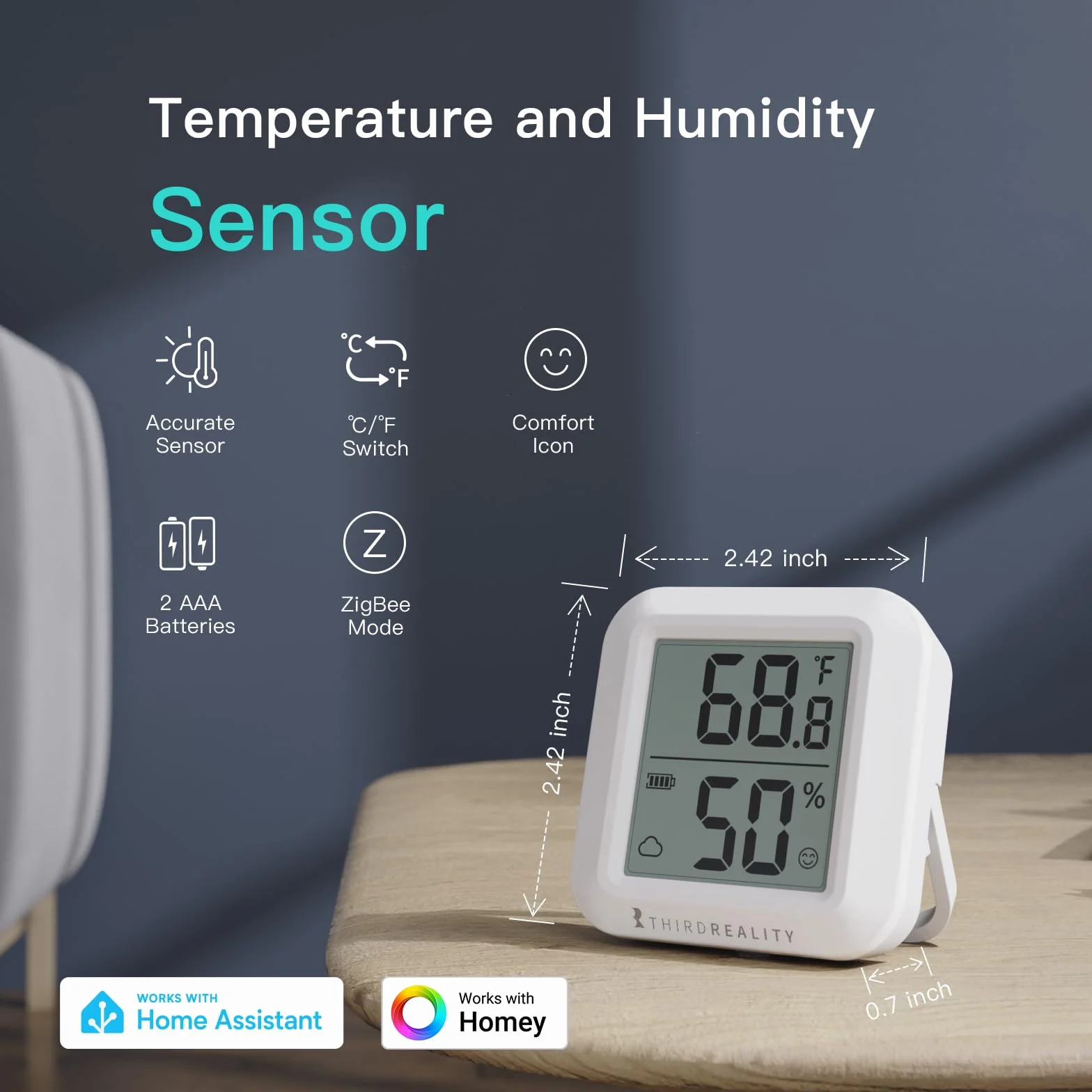 Sensor de temperatura y humedad Zigbee THIRDREALITY con pantalla LCD digital, requiere hub ZigBee, registros en la aplicación, monitoreo remoto y automatización del hogar inteligente, incluye pilasAAA