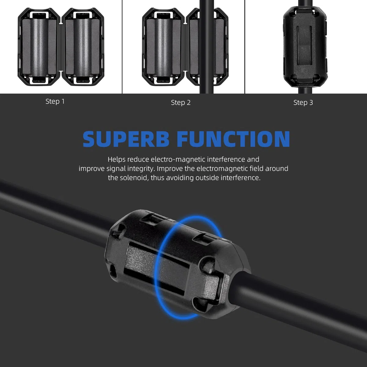Glarks 32pcs Black Clip-on Ferrite Ring Core Set Incluye 28pcs 3.5/5/7/9/13MM Clips de cable de diámetro interno Clips de cable de supresor de ruido RFI EMI 2pcs Toroid Cores 2pcs Ferrite Cores