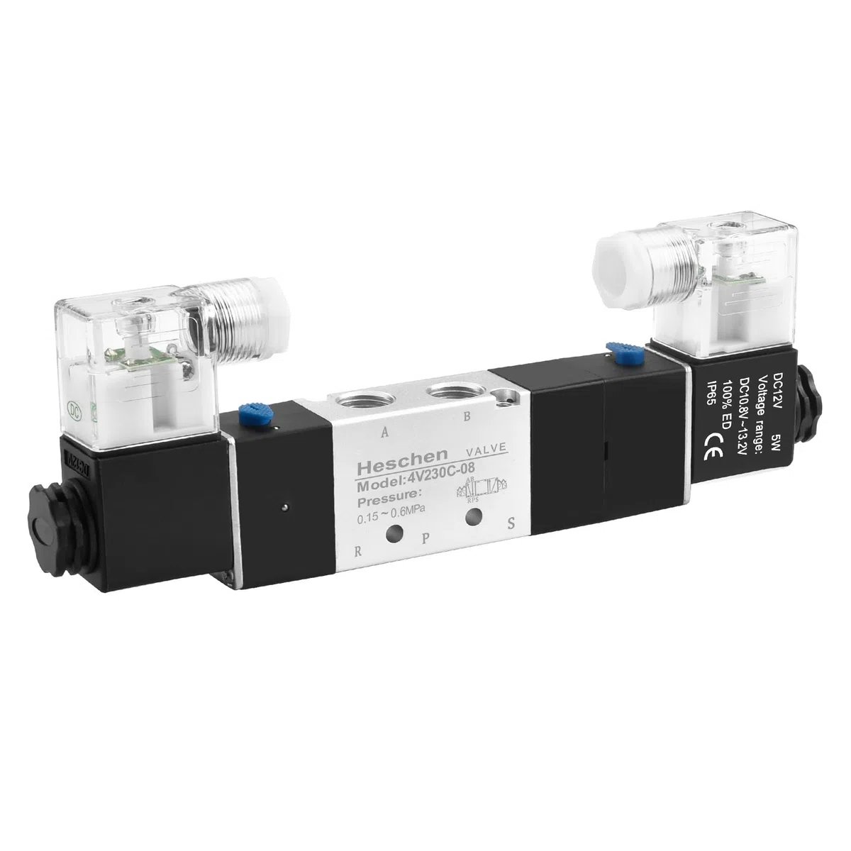 Heschen Válvula solenoide neumática eléctrica, 4V230C-08, 12 V CC, PT1/4 pulgadas, 5 vías, 3 posiciones, CE