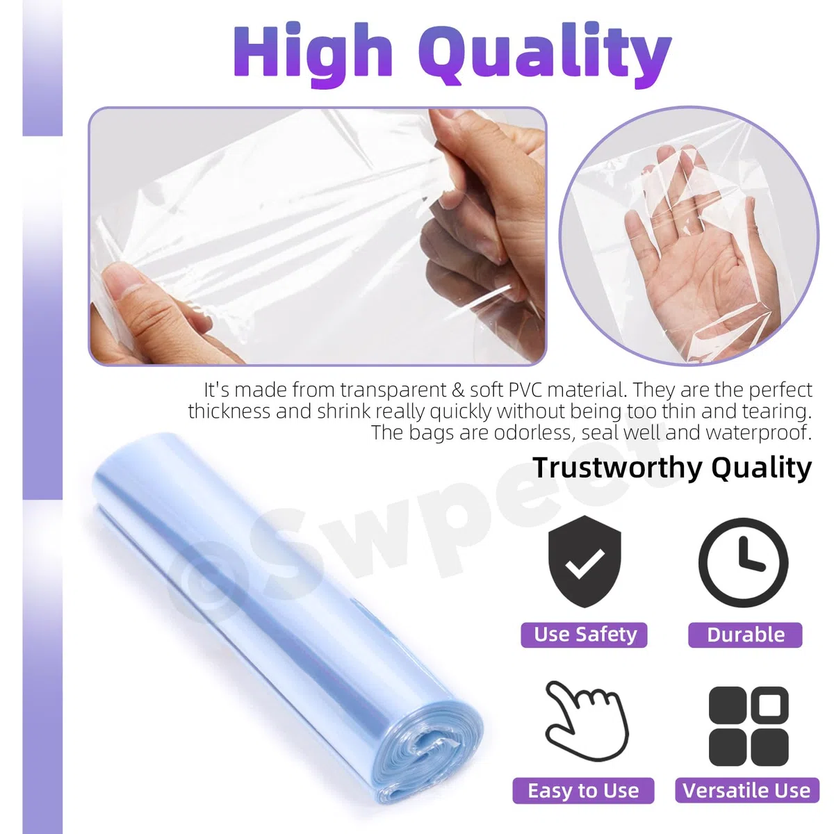 Swpeet 400 bolsas termocontraíbles de PVC transparente de 5 tamaños de 3.94 pulgadas, 6.31 pulgadas, 7.87 pulgadas, 6.4 pulgadas, kit surtido de bandas retráctiles perforadas para jabón, baño, bombas