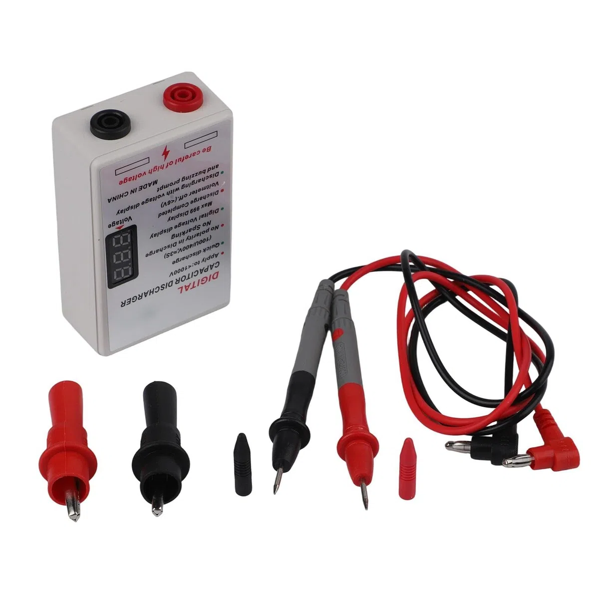 1000V Condensador Descargador con Pantalla Digital Herramienta Inteligente Descarga de Resistencia para Electricista DC 5-1000V Incluye Puntas de Prueba y Pinzas de Cocodrilo Blanco