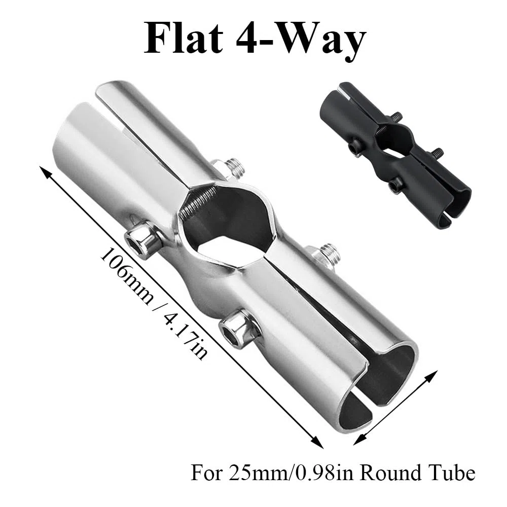 Conector de tubería estructural, abrazadera plana plateada de 4 vías para valla de eslabones de cadena de acero inoxidable, accesorios de tubería para tubo redondo de 25 mm, paquete de 4
