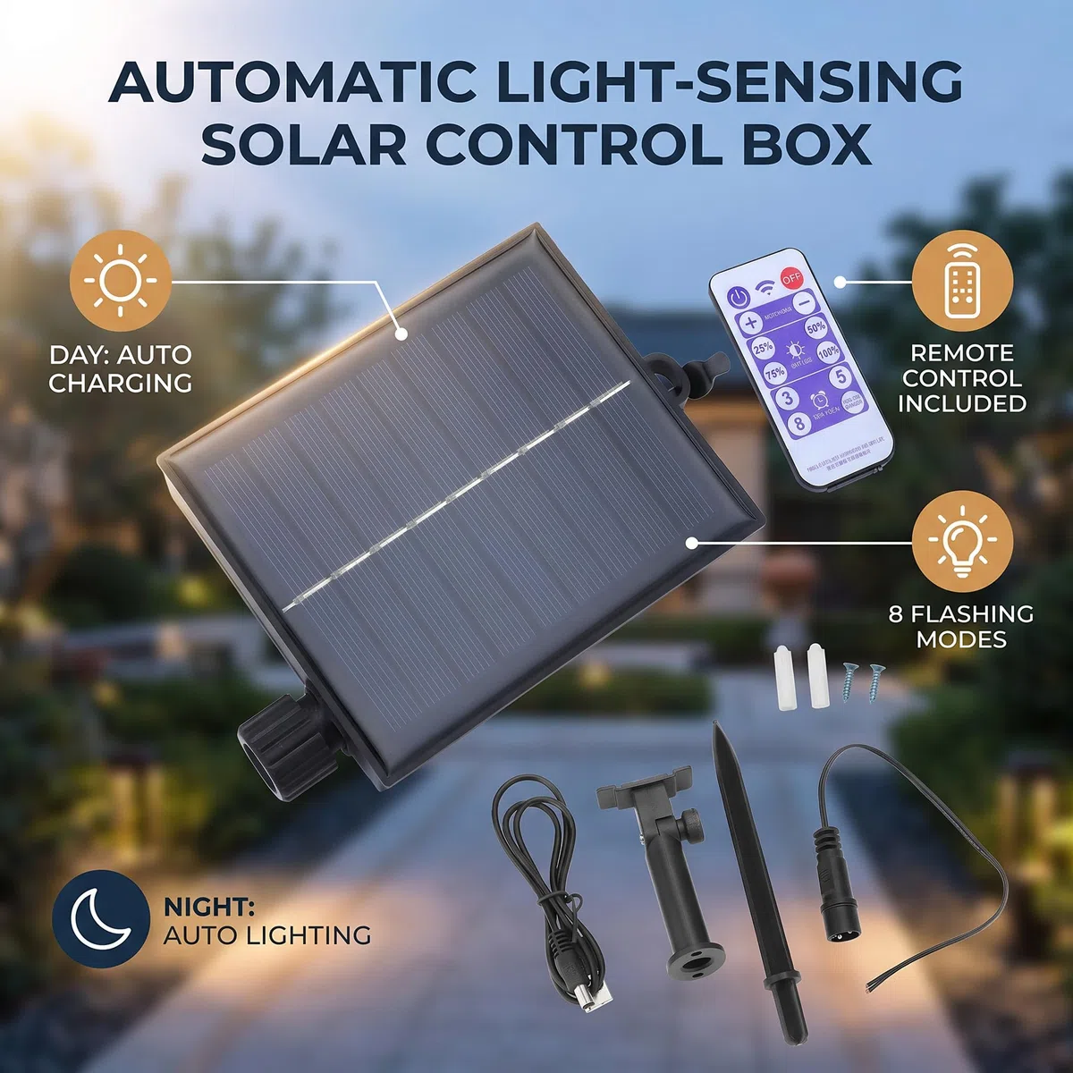 Controlador Solar Automático para Luces de Cadena, Impermeable con 8 Modos de Parpadeo y Brillo Ajustable, Panel Solar Polisilicio 3V, Regulador de Energía para Decoración Exterior