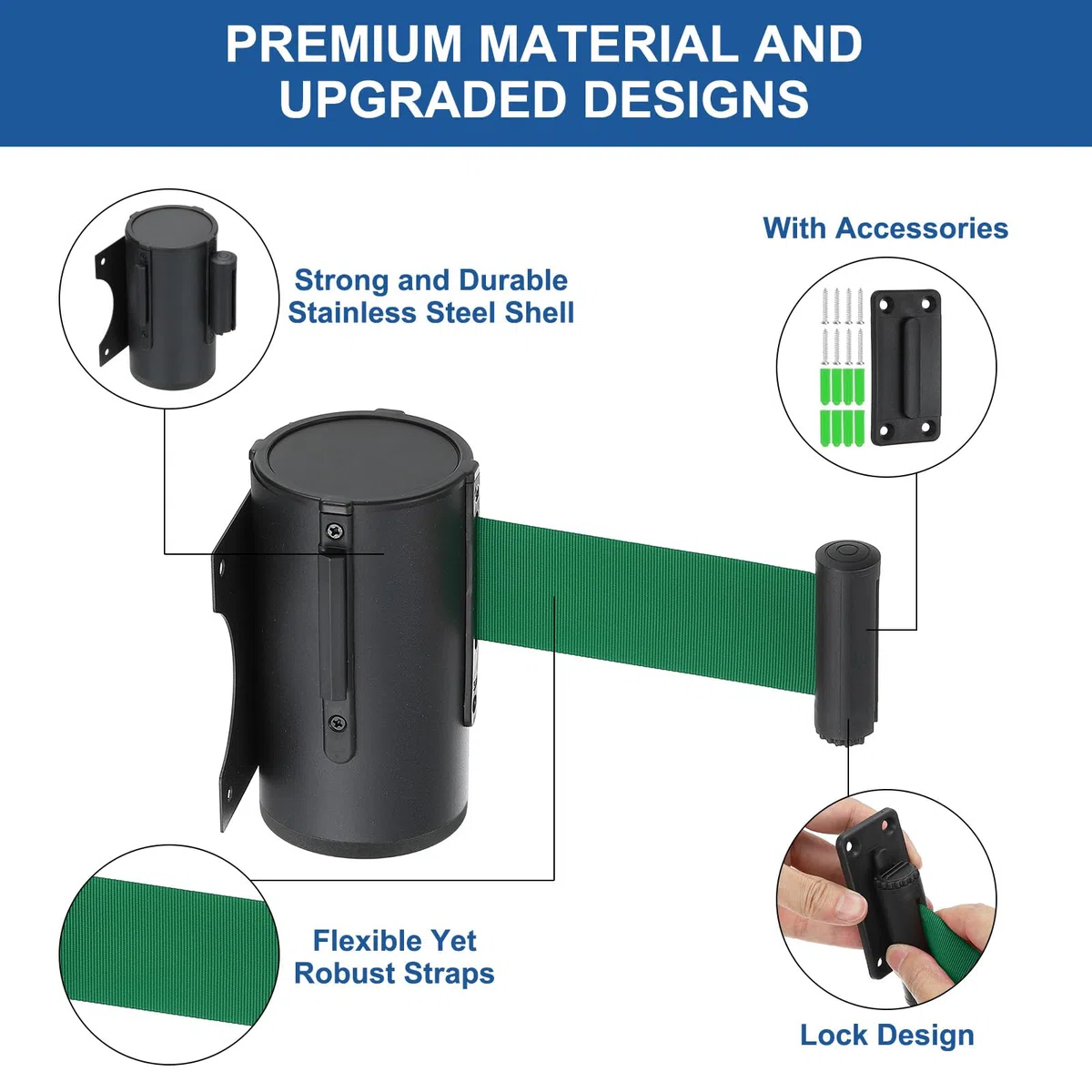 QUARKZMAN Soporte Pared Fijo Barrera Retráctil Cinturón 16.4 Pies Cinturones Retráctiles Para Control Multitudes Tiendas venta por menor Estadios Cinturón Verde Con Caja Negra ABS