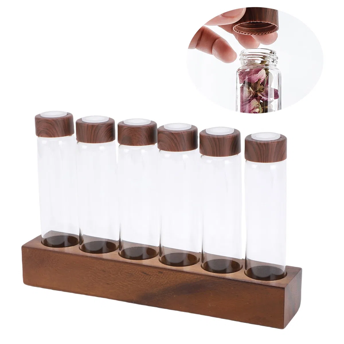 Luocute Tubos de Almacenamiento de Granos de café Monodosis, Tubos de Almacenamiento de Granos de café con Soporte de Madera 6/12 Válvulas Válvula Monodosis para cocina Dormitorio (6 hoyos)