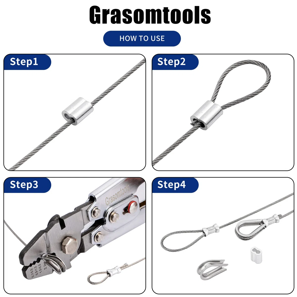Herramienta de prensado de cable de acero, prensas de hasta 2,2 mm con 160pcs 4sizes aluminio doble barril ferula prensado lazo manga y 15pcs dedal de acero inoxidable