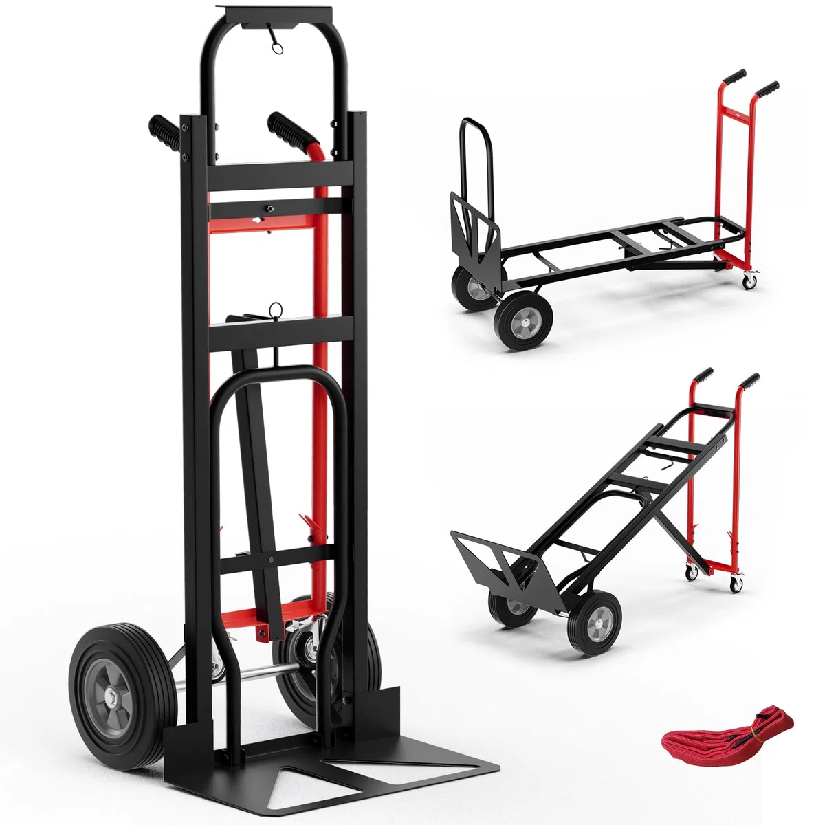 GYMAX Carretilla de Mano Plegable 3 en 1, Metal Resistente con Ruedas Universales, Mango de Goma, Capacidad de 450 kg, Carretilla de Mano para Almacén, Garaje, Fábrica, Supermercado (Rojo)