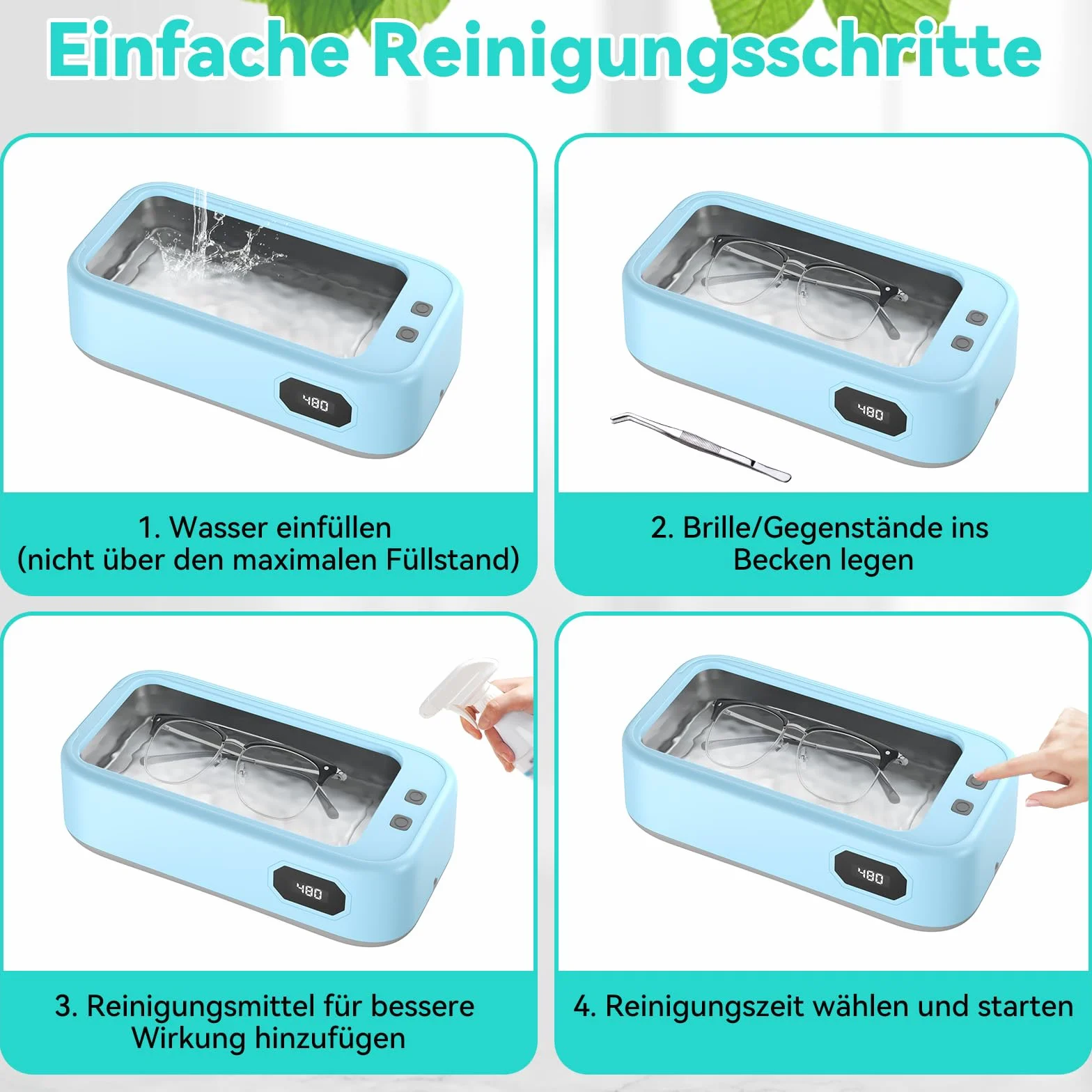 Limpiador Ultrasonidos, 640ml Ultrasonidos Limpieza con 5 modos, 40W Limpiador Ultrasónico, 49000 HZ Ultrasonic Cleaner para Joyas, Gafas, Relojes, Dentaduras, con Pinzas y Paño de Limpieza（azul）