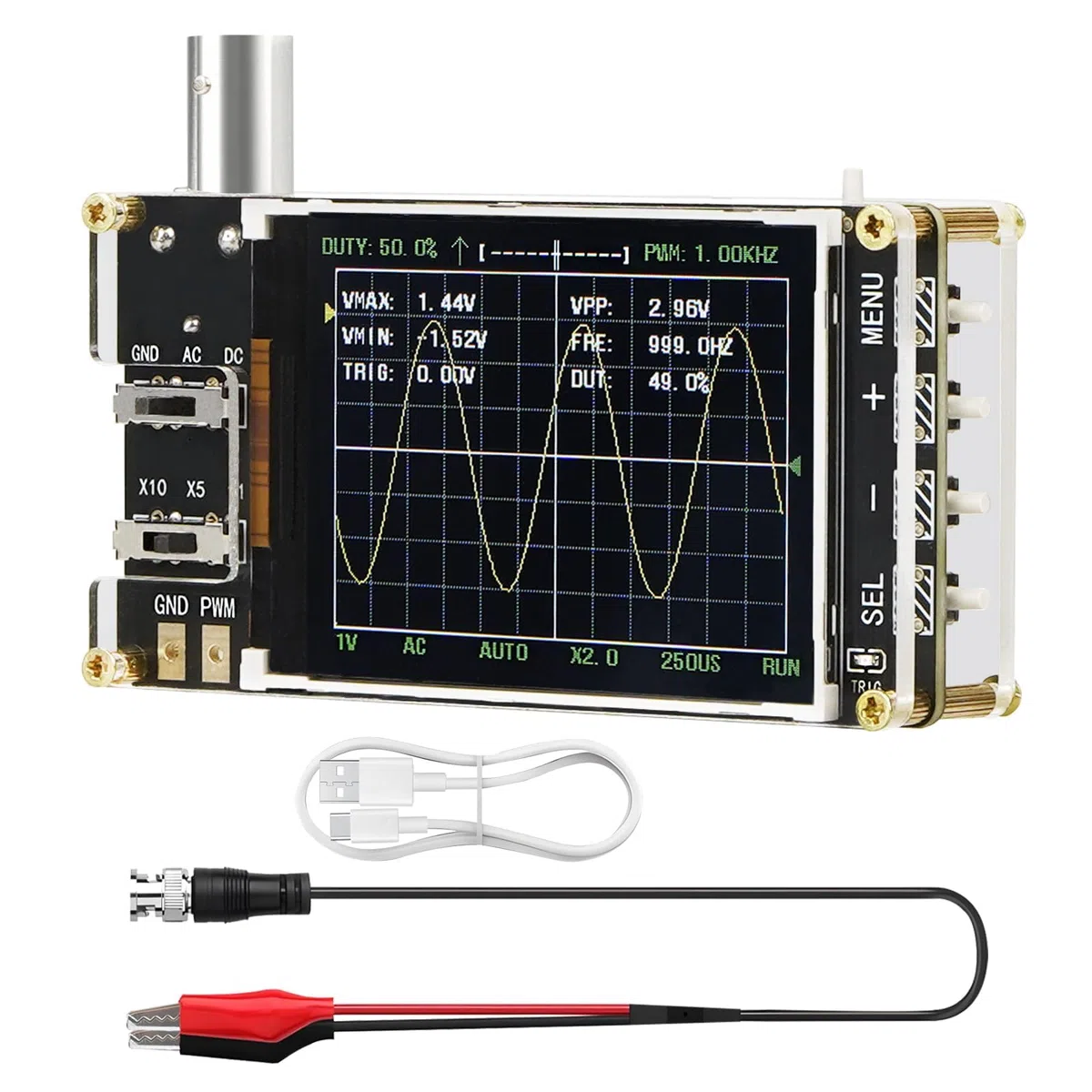 Treedix Kit de mini osciloscopio digital de mano con pantalla LCD de 2,4 pulgadas, 3 modos de disparo, 24 MSa/s de alta frecuencia de muestreo, ancho de banda de 200 kHz, sensibilidad X10/X5/X1,