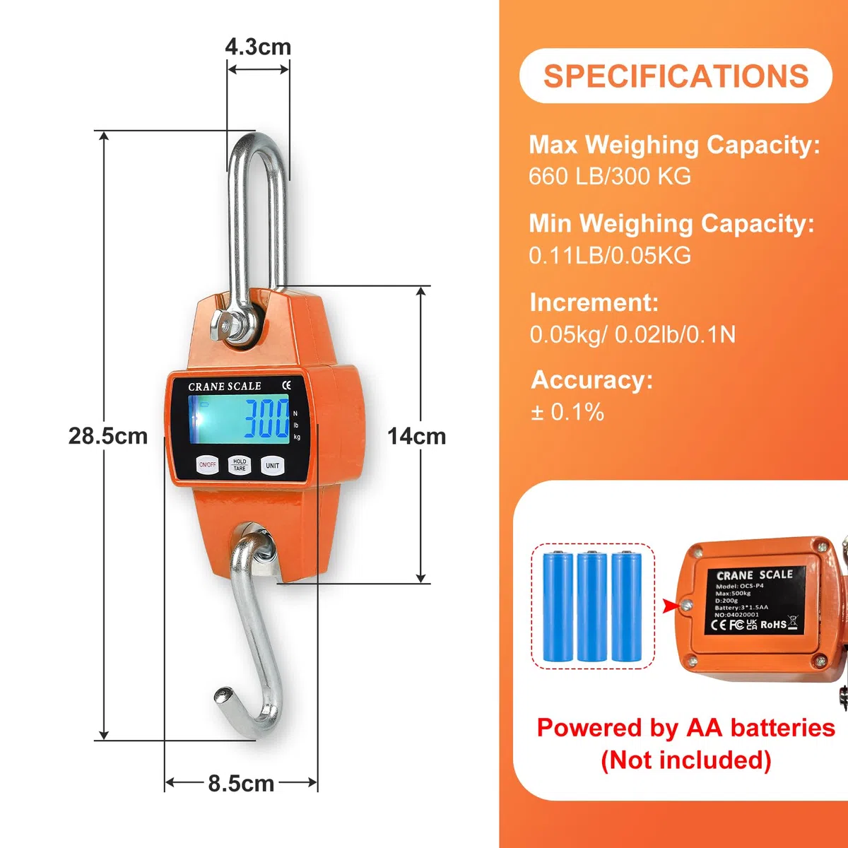 EFUTURETIME Báscula Digital Colgante 300kg, Báscula de Grúa Electrónica Industrial de Industrial con Sensor Preciso y LCD Portátil para Caza, Pesca, Granjas, Fábricas y Muelles, Naranja